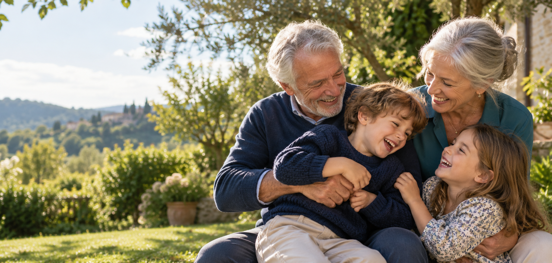 Two grandparents laughing and playing with their grandchildren in a sunny garden